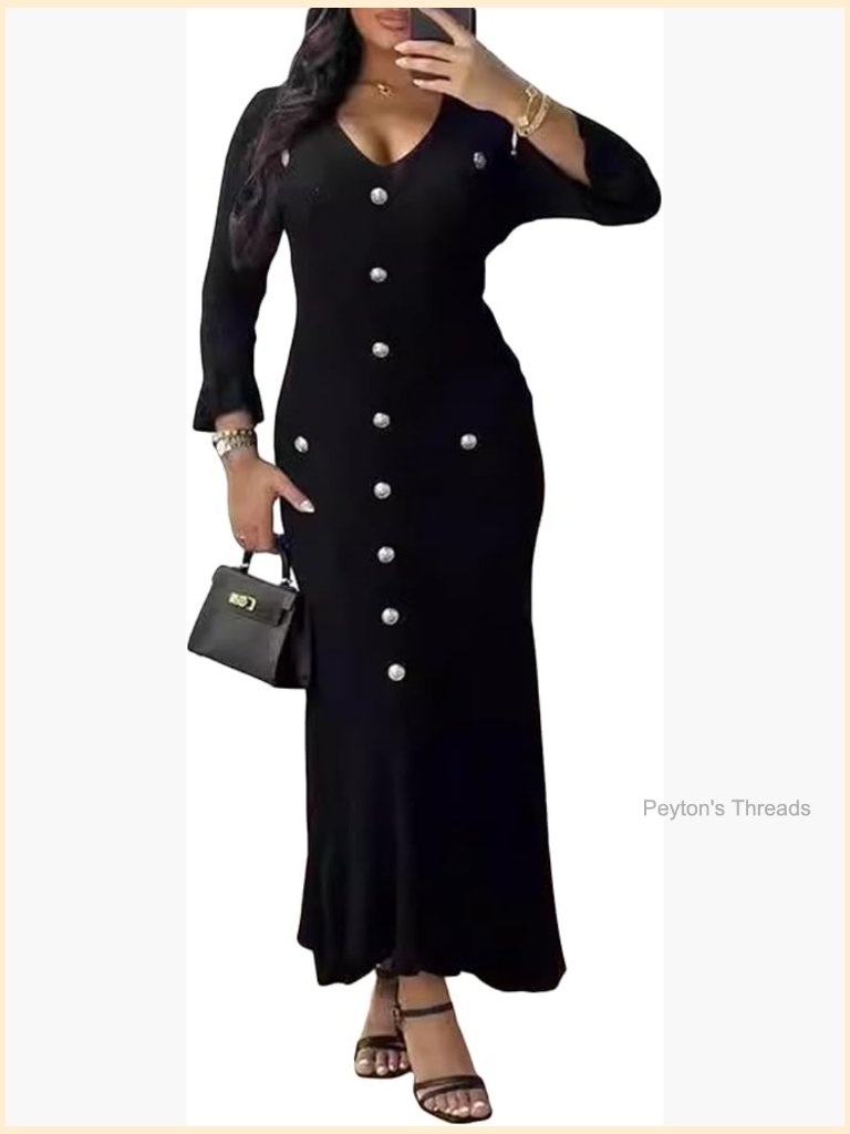 Long Sleeve Knit Sweater Dress, V Neck Pleated Midi Dress For Women
